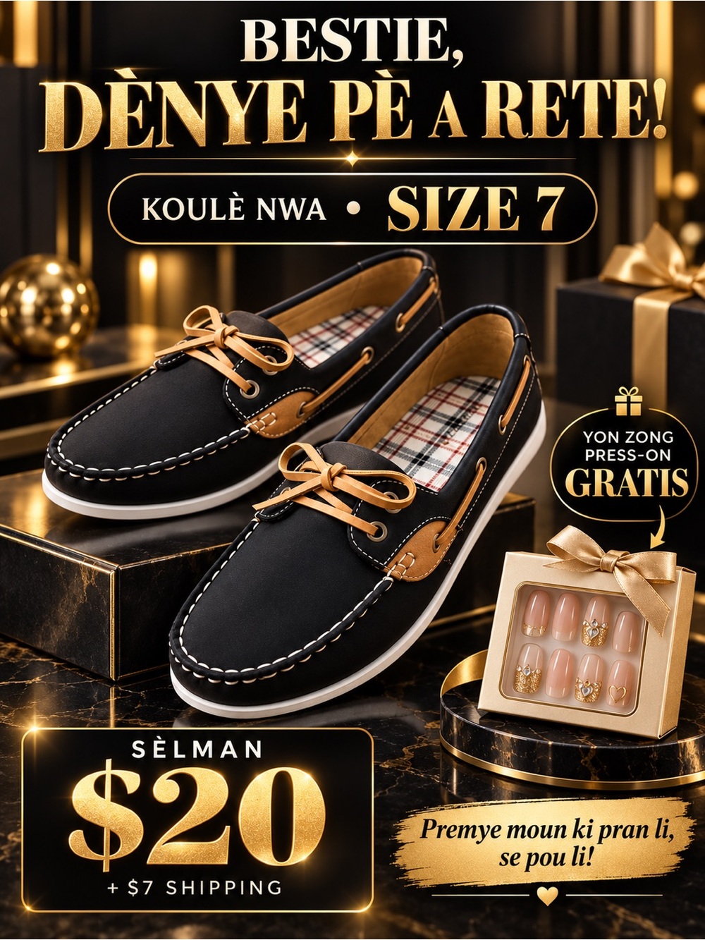 Women Black & Tan Boat Shoes - Size 7